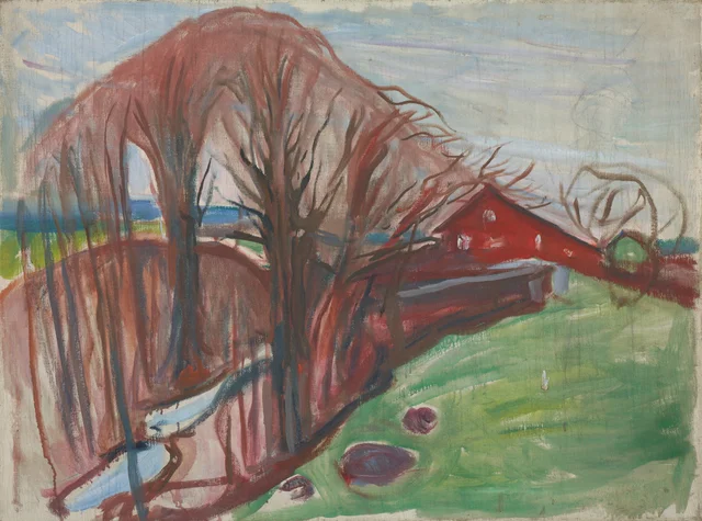 Paisaje de primavera con la casa roja