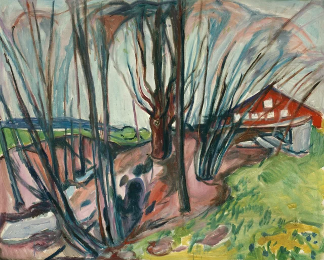 Paisaje de primavera con la casa roja
