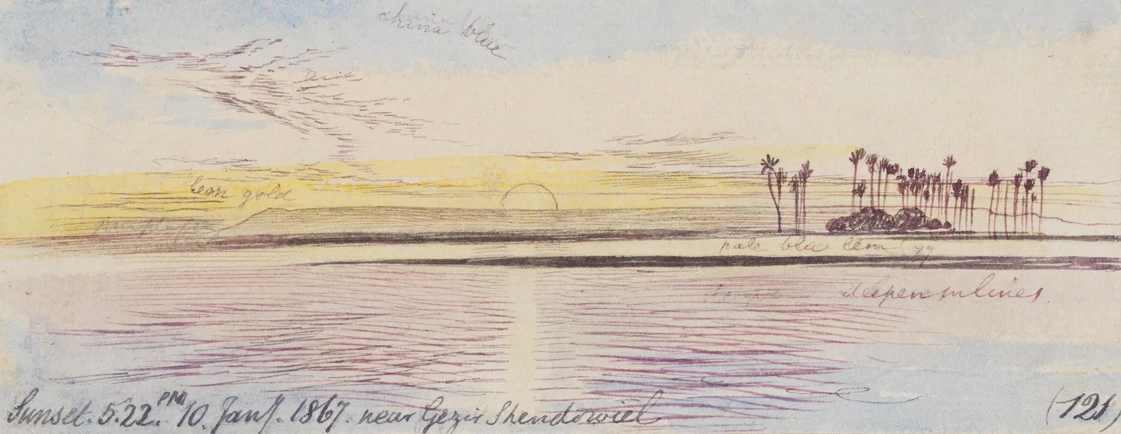 Cerca de Gezir Shendowiel, puesta de sol, 17:22 h, 10 de enero de 1867 (121), Edward Lear