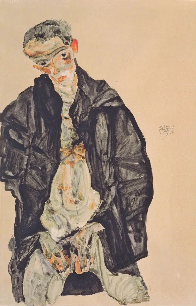 Selbstbildnis als Halbakt in schwarzer Jacke, Egon Schiele