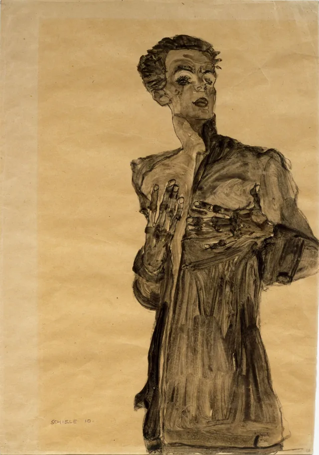 Autorretrato con ropa de calle, gesticulando