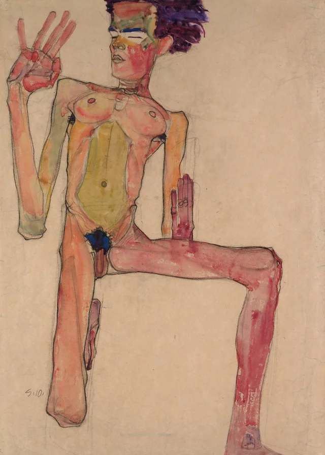 Autorretrato desnudo, arrodillado