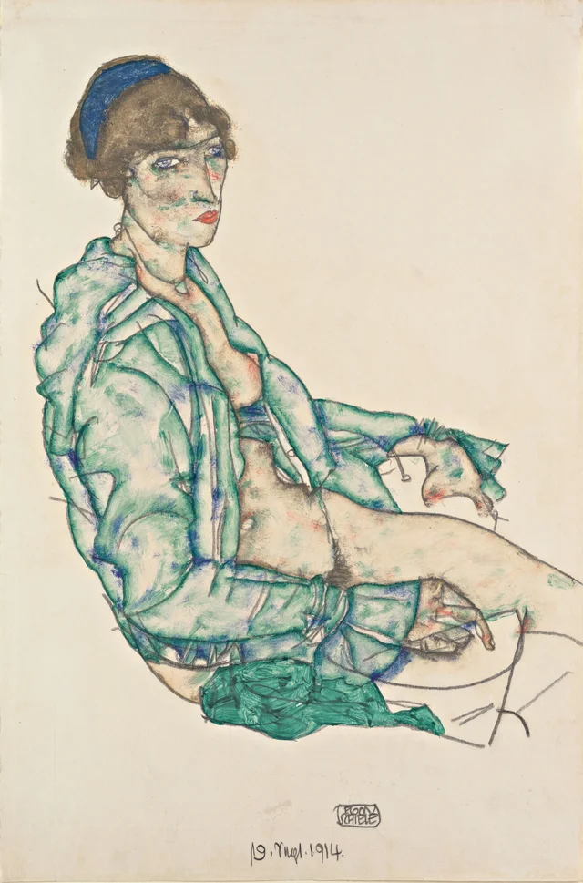 Semidesnudo sentado con una cinta azul en el pelo, Egon Schiele