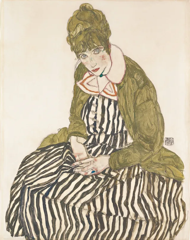 Edith Schiele in a Striped Dress, Seated, Egon Schiele