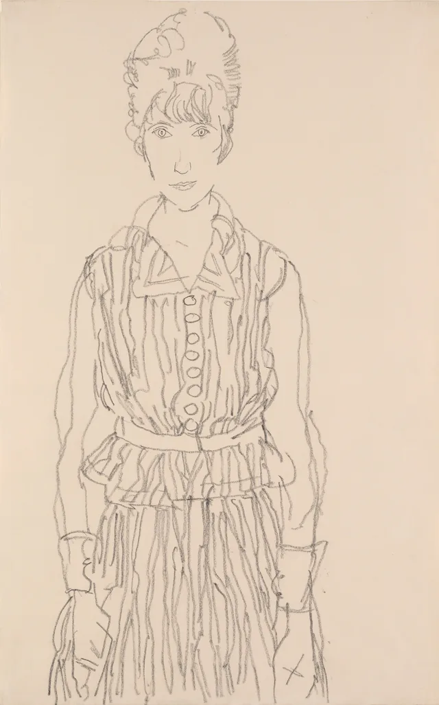 Edith Schiele in Striped Dress, Standing, Egon Schiele