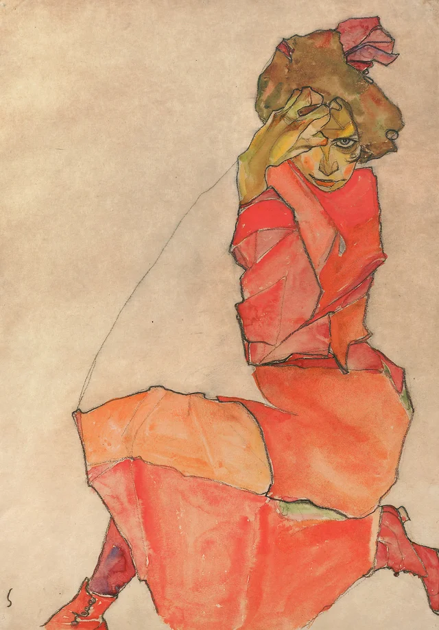 Mujer arrodillada con vestido naranja rojizo, Egon Schiele