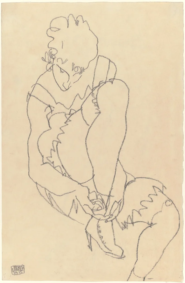 Femme boutonnant ses souliers (recto) ; étude pour Nu allongé, les bras levés (verso), Egon Schiele