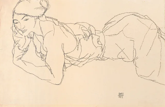 Femme nue allongée sur le ventre, appuyée sur les bras, Egon Schiele