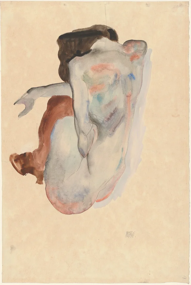 Nu accroupi en souliers et bas noirs, vu de dos, Egon Schiele