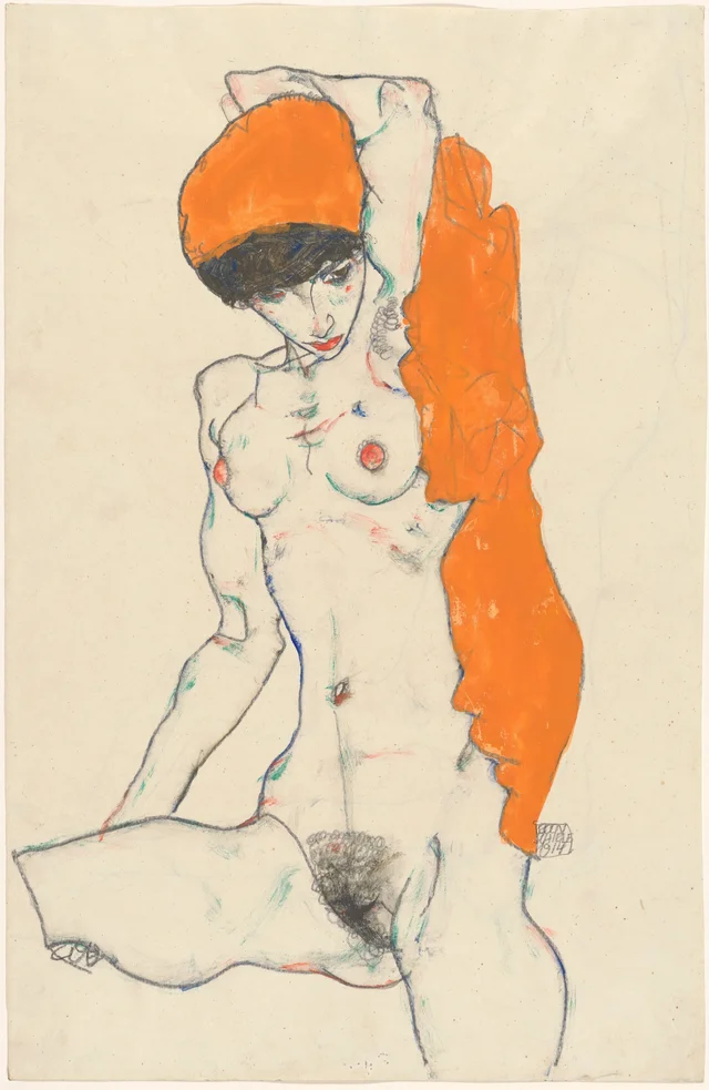 Standing Nude with Orange Drapery (recto): Study of Nude with Arms Raised (verso)