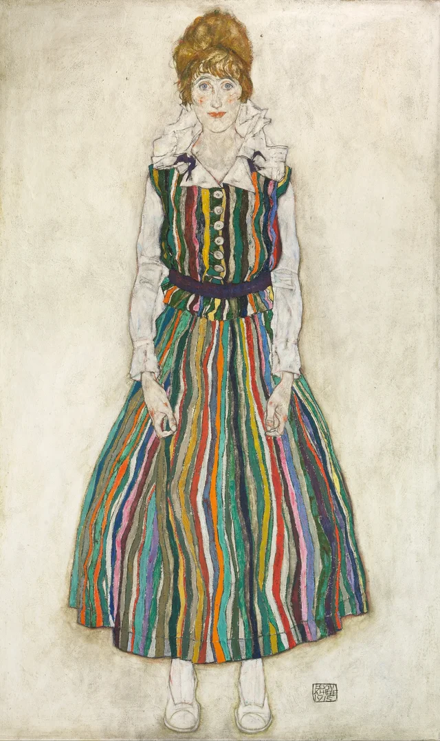Retrato de Edith Schiele con vestido de rayas, Egon Schiele