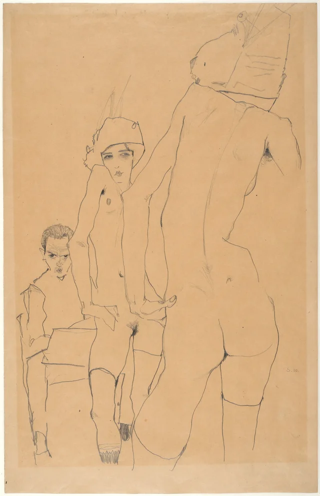 Schiele with Nude Model before the Mirror