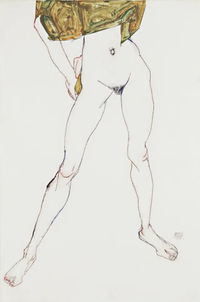 Torse féminin debout à la chemise vert olive, Egon Schiele