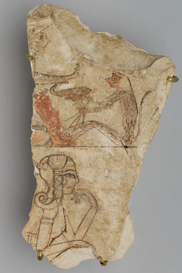 Ostracon avec une fable animalière ou un mythe en haut, et une princesse (?) en bas