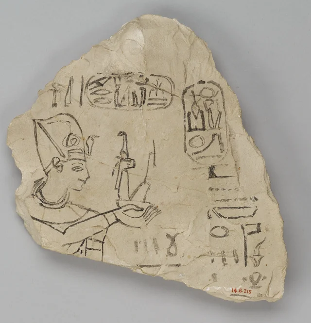 Óstraco representando Ramsés IX oferecendo Maat, atribuído ao chefe desenhista Amenhotep