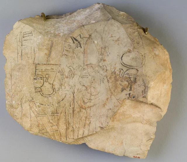 Ostracon with Line Drawing of Theban Triad