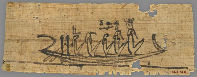 Fragment de papyrus peint avec Khépri, Shou, Tefnout, Thot et Isis dans une barque solaire