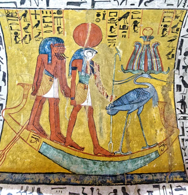 Re-Horakhty and the Benu heron in the barque, Ancient Egypt