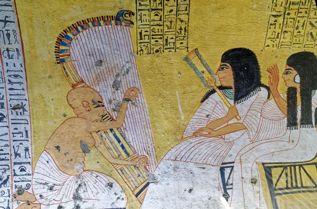 The harpist before Inherkhau and his wife, Ancient Egypt