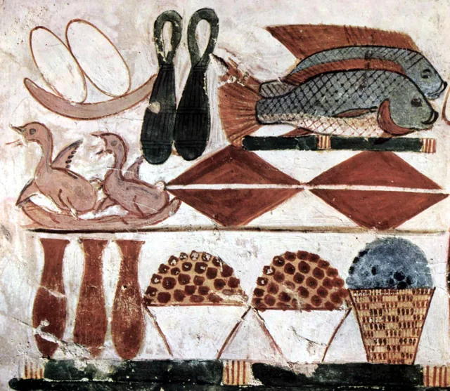 Offrandes : poissons, volailles, pains et fruits, Égypte ancienne