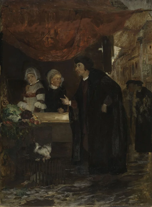 Erik Valkendorf se encuentra con Sigbrit Willums y Dyveke en la plaza del mercado de Bergen en 1507
