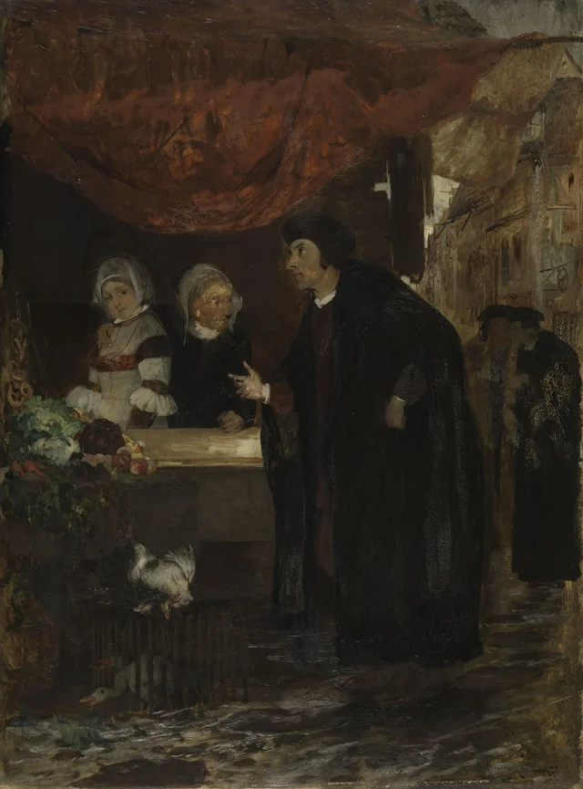 Erik Valkendorf Meets Sigbrit Willums and Dyveke at the Bergen Market Square in 1507, Eilif Peterssen