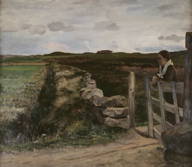 Paisaje de Jæren, muchacha junto a la verja