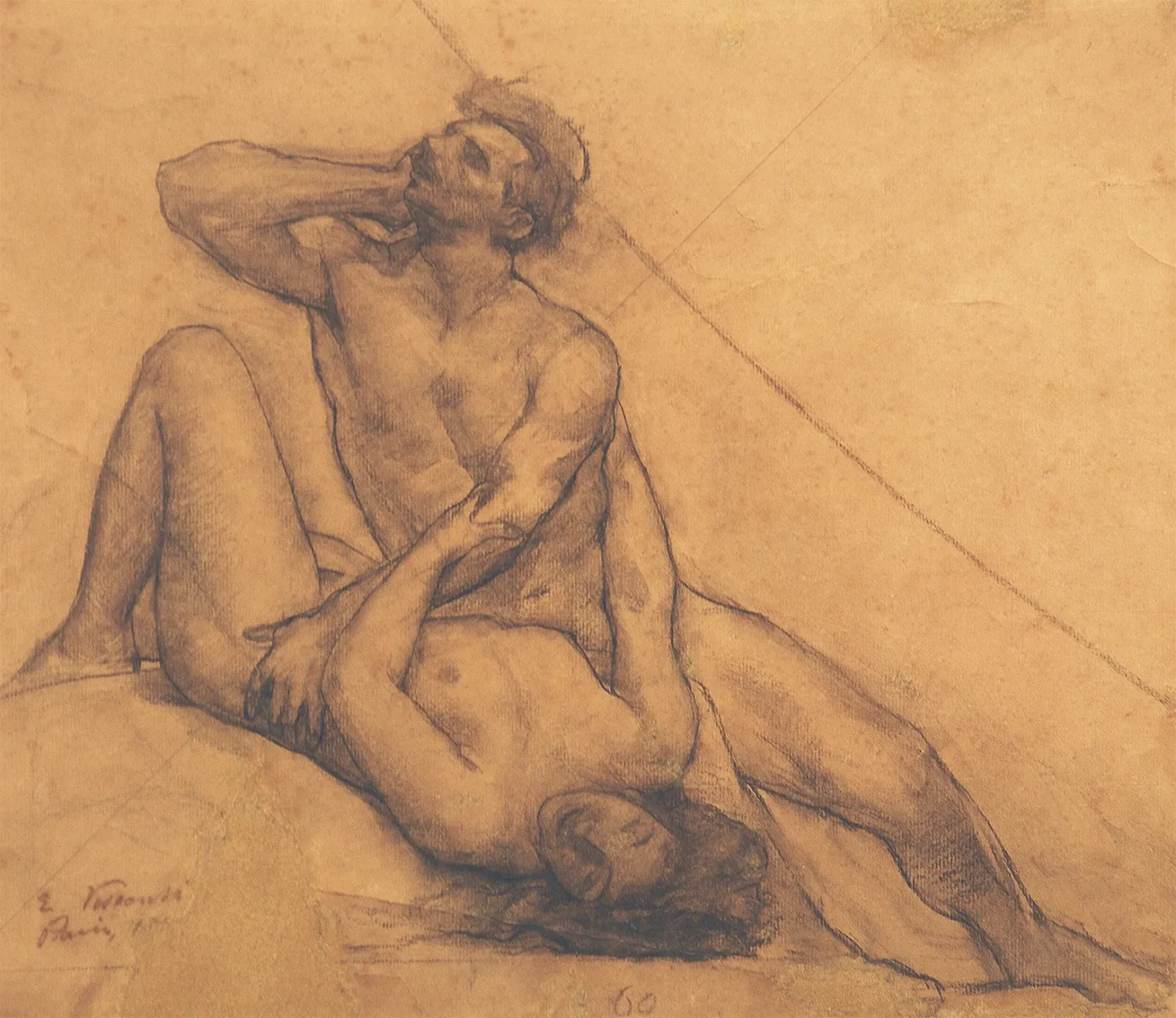 Le Couple Francesca da Rimini et Paolo Malatesta - Allégorie du drame - Étude de détail pour le triangle du plafond au-dessus de la salle du Théâtre municipal de Rio de Janeiro, Eliseu Visconti
