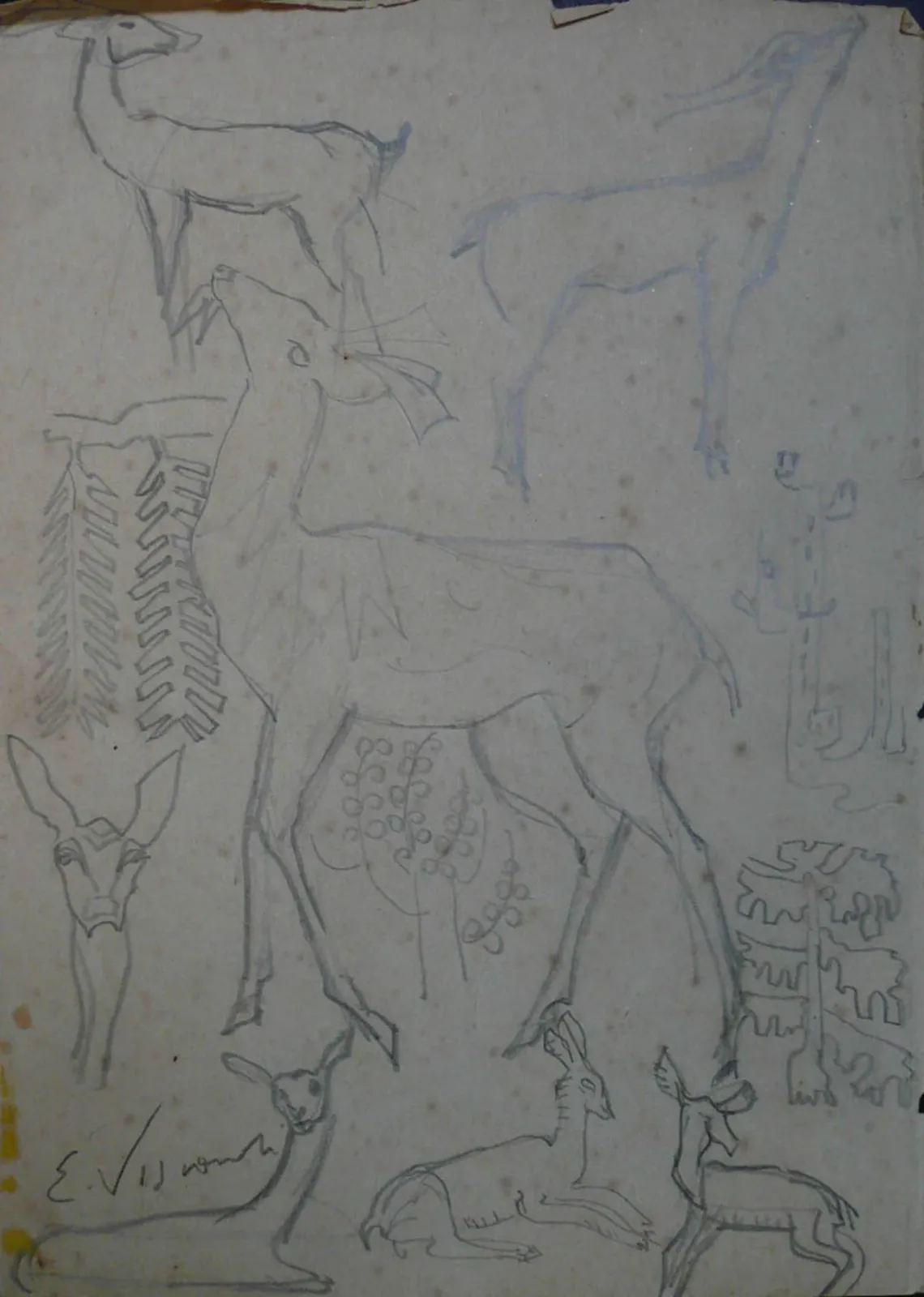 Cerfs - Feuillet détaché d'un carnet de notes - verso de l'œuvre D962, Eliseu Visconti