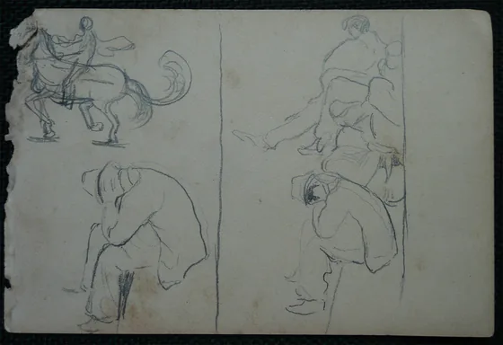 Cavalier et spectateurs - Feuillet détaché d'un carnet de notes