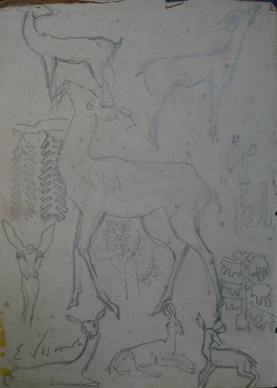 Cerfs - Feuillet détaché d'un carnet de notes - verso de l'œuvre D962
