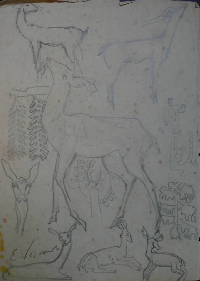 鹿（手帳から切り離した一葉、作品D962の裏面）