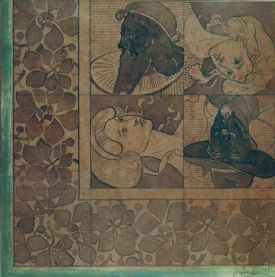 Figures et fleurs - Carreaux de céramique - Étude pour la décoration d'un sol