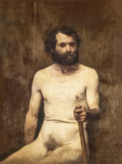 Nu masculin assis au bâton