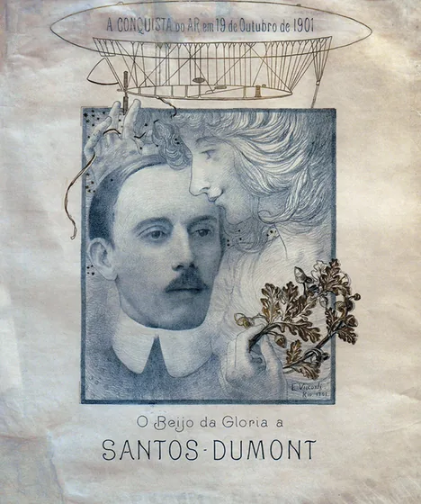 Le Baiser de la Gloire à Santos-Dumont - Affiche - Lithographie monochrome rehaussée d'or