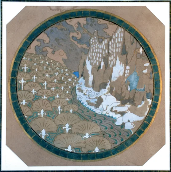 Paysage rocheux stylisé - Émail cloisonné - Étude pour une marqueterie