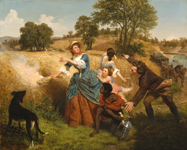 Mme Schuyler incendiant ses champs de blé à l'approche des Britanniques, Emanuel Leutze