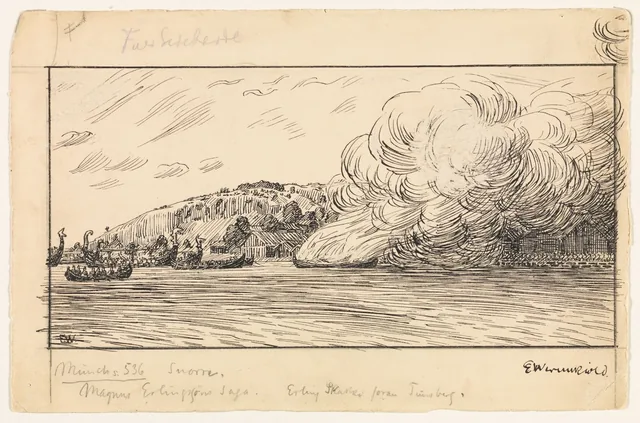 スノッリ・ストゥルルソン『ノルウェー王朝史』（クリスチャニア、1899年）のマグヌス・エルリングソンのサガの挿絵：トンスベルグ前のエルリング・スカッケ