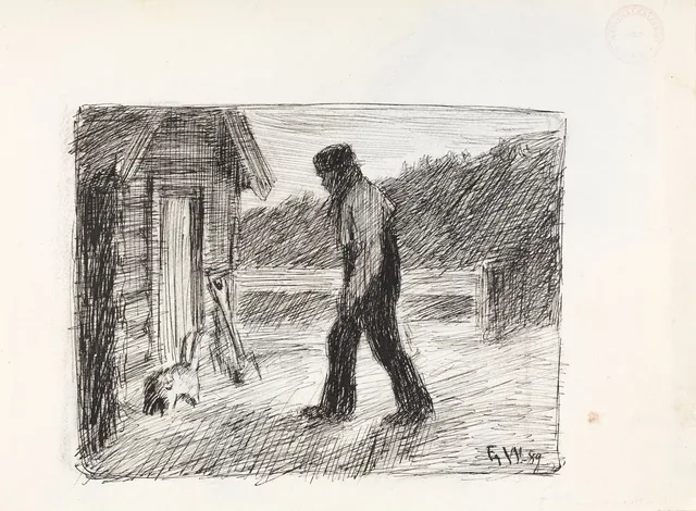 牛小屋へ歩く男