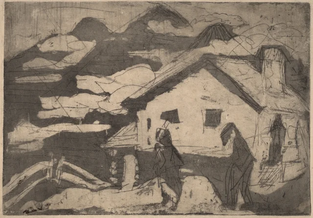 Chalets alpins dans le brouillard