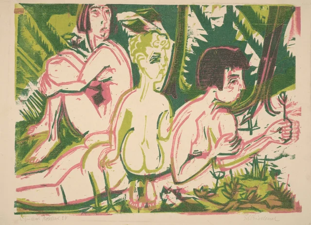 Mujeres desnudas con un niño en el bosque