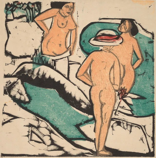 Femmes se baignant entre des pierres blanches
