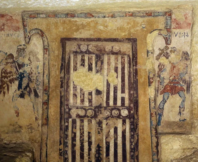 Door to the underworld guarded by two Charuns, Etruscans