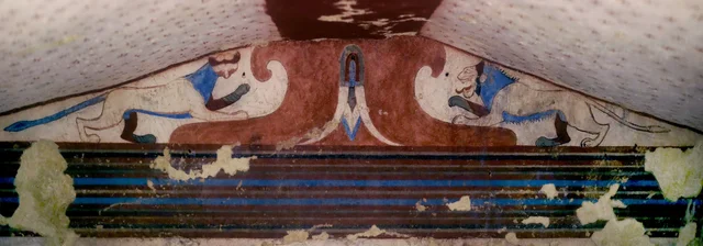 Pediment with two felines and a lotus flower