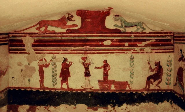 Funeral games: juggler, musician and spectators (back wall)