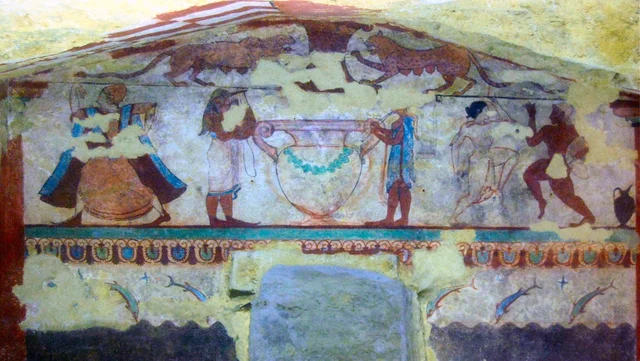 Dancers around a large krater beneath two lionesses (back wall), Etruscans