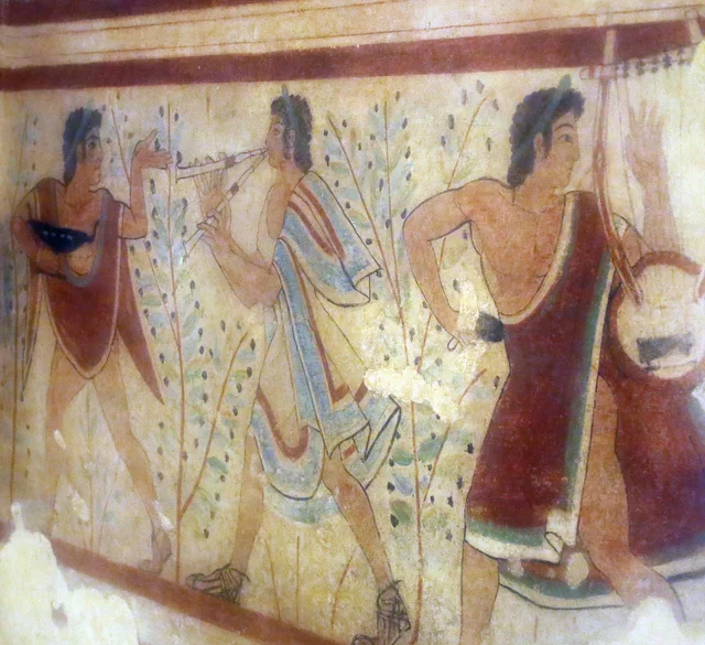 Musicians playing the aulos and the lyre, Etruscans