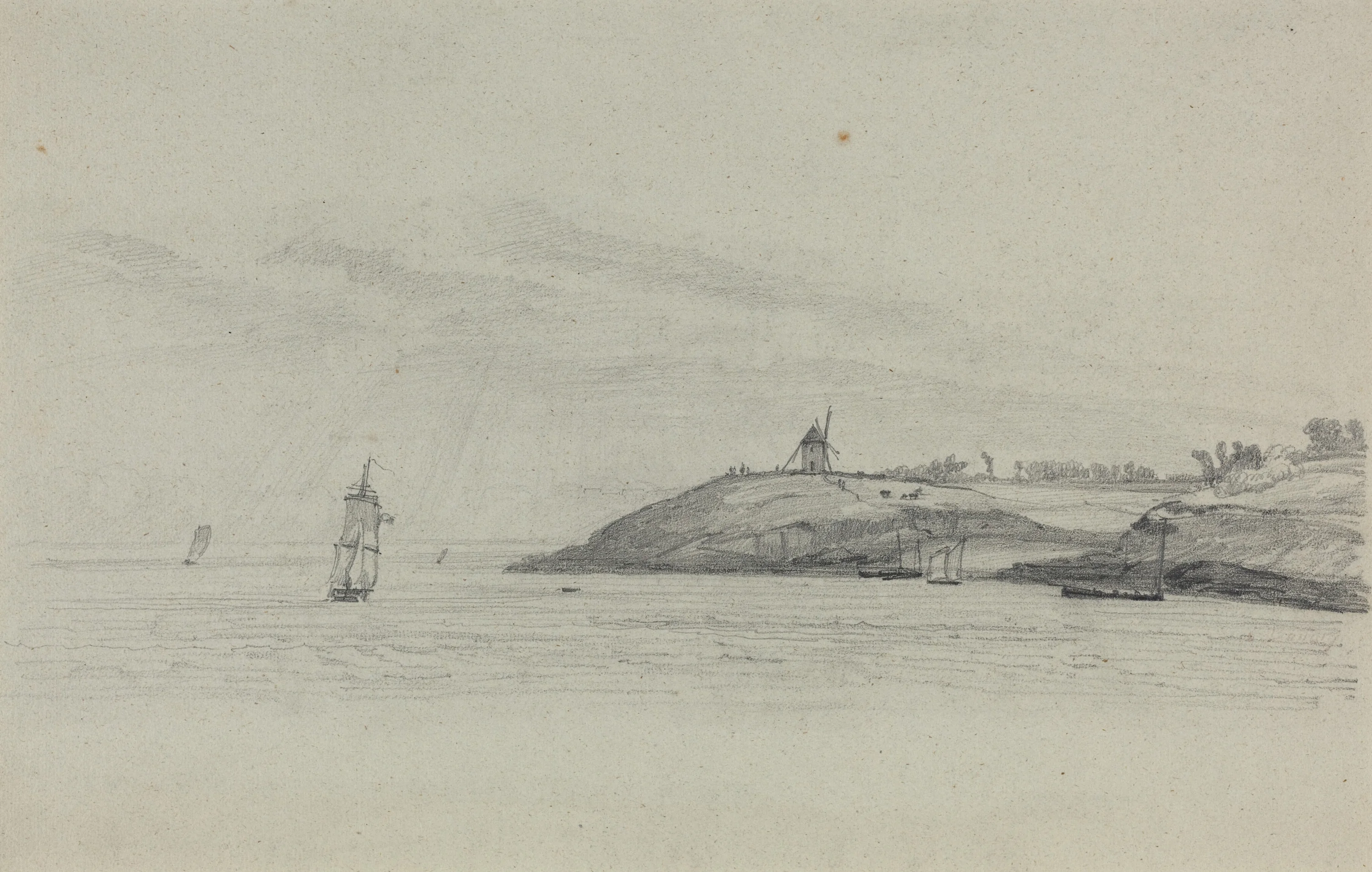 Coastal Landscape with Shipping; Windmill in Distance, Eugène Boudin