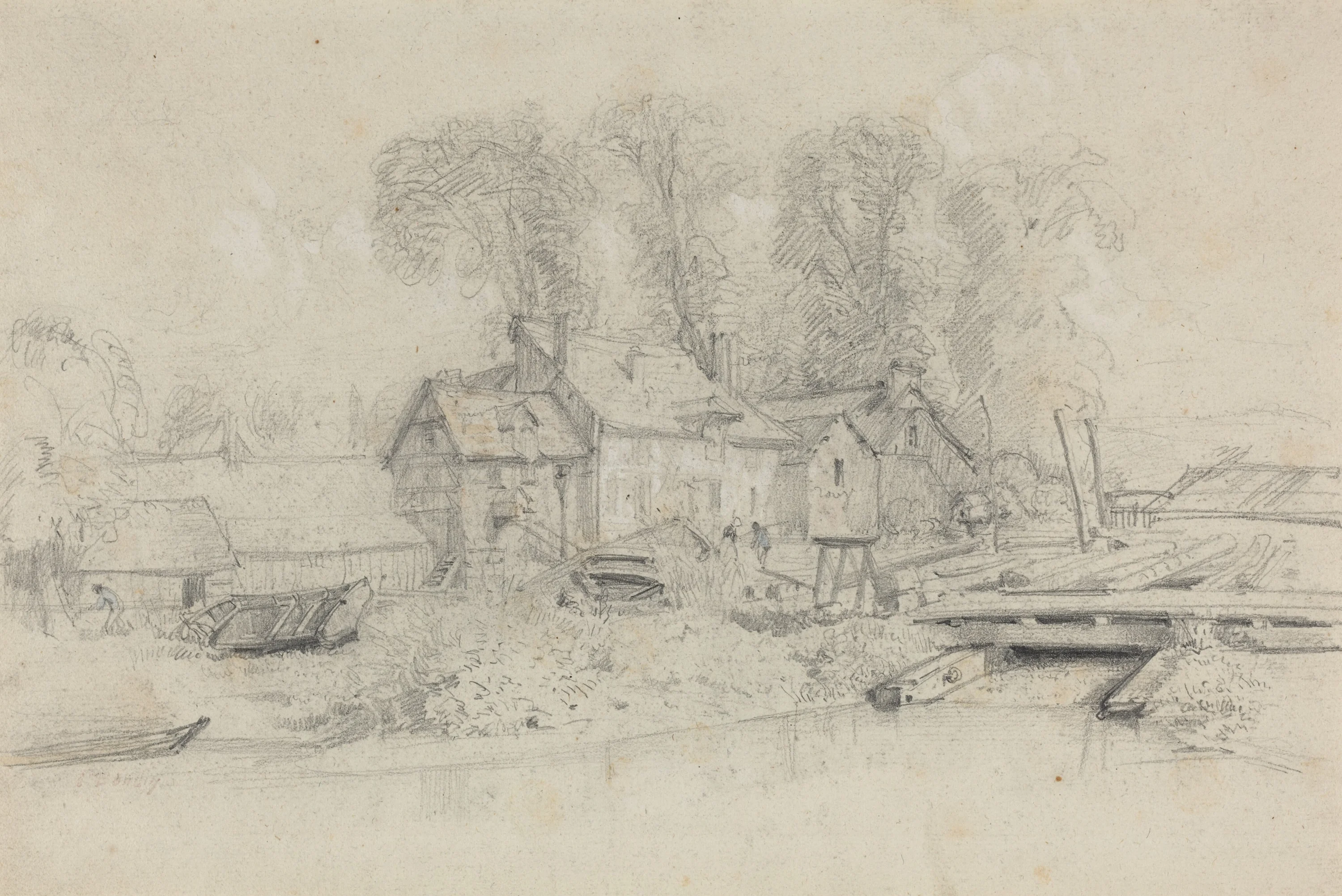 River Landscape with Buildings, Boats, and Figures, Eugène Boudin