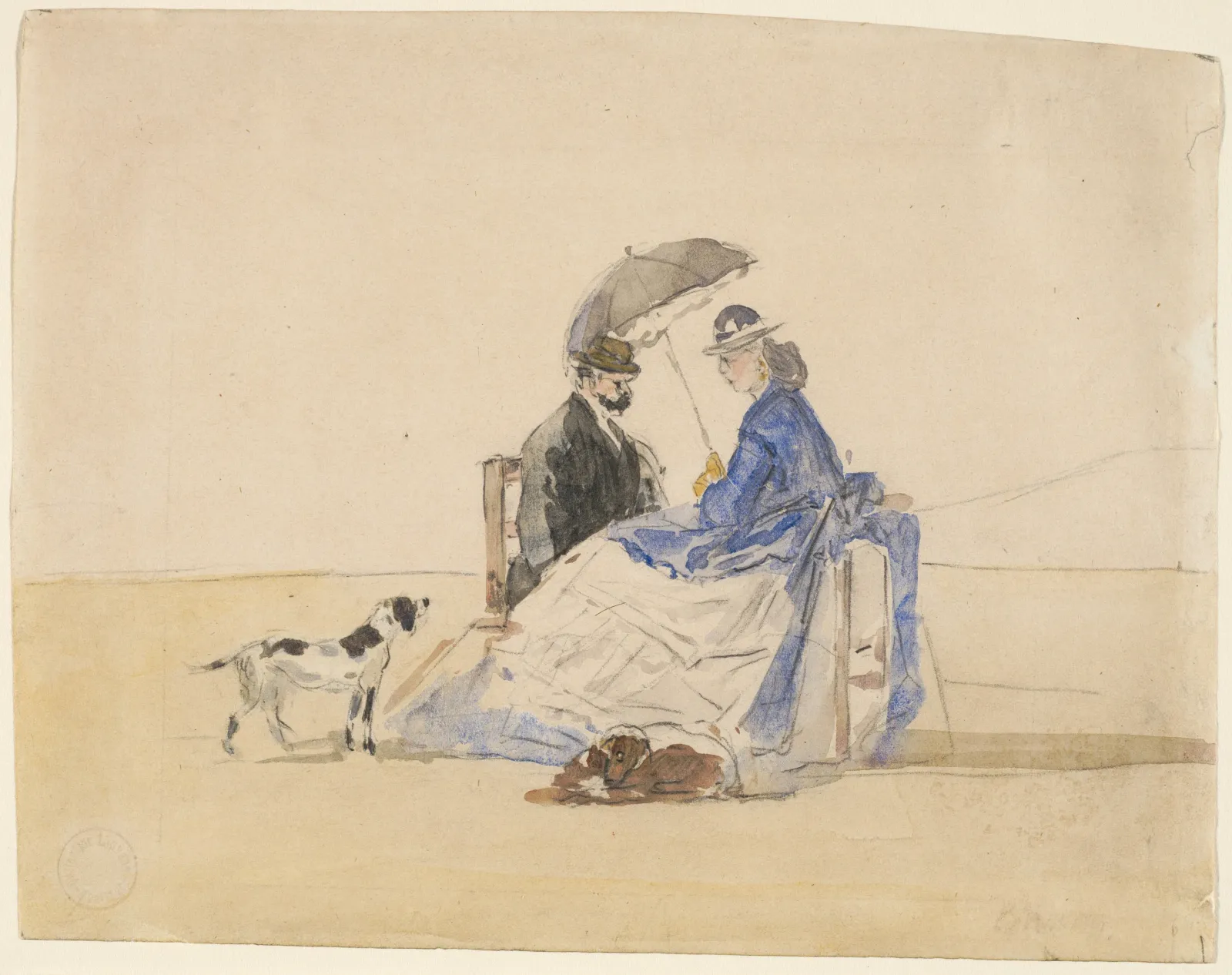A Couple Seated on the Beach with Two Dogs, Eugène Boudin